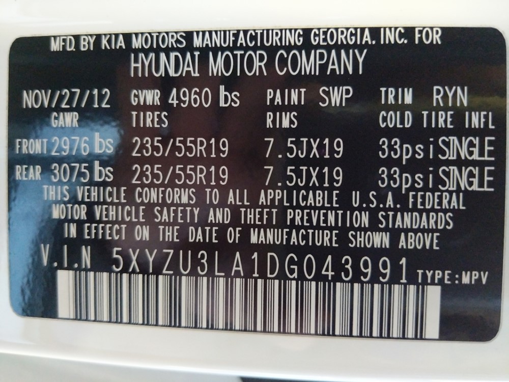 2013 Hyundai Santa Fe - VIN Plate