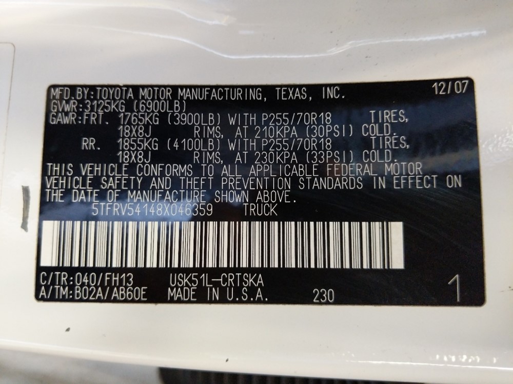 2008 Toyota Tundra - VIN Plate