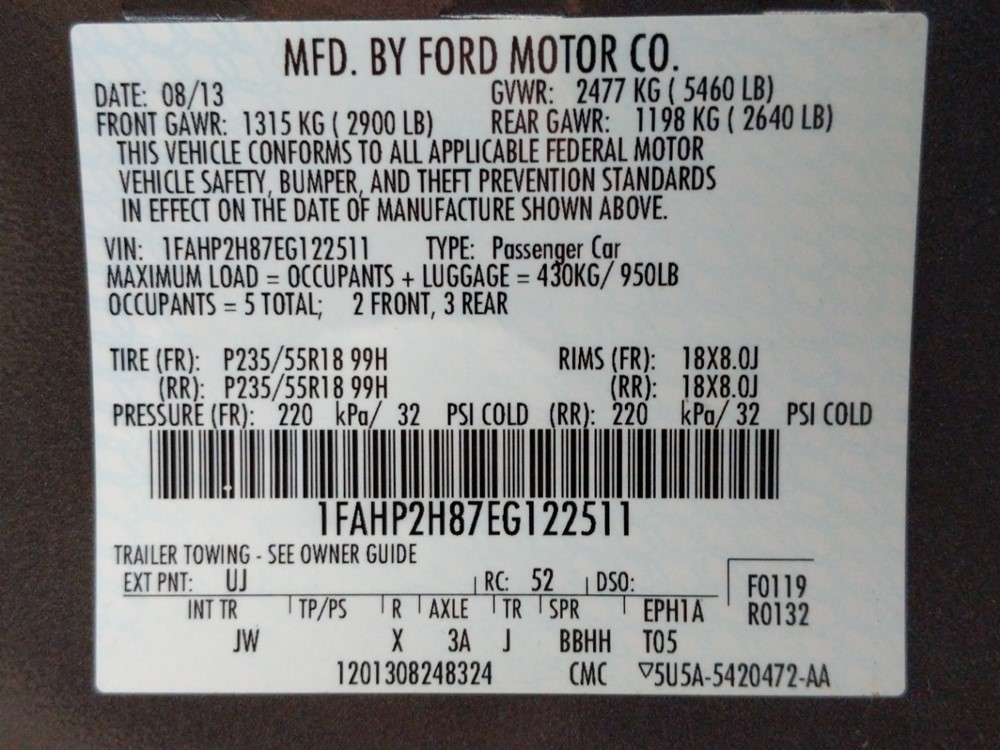 2014 Ford Taurus - VIN Plate