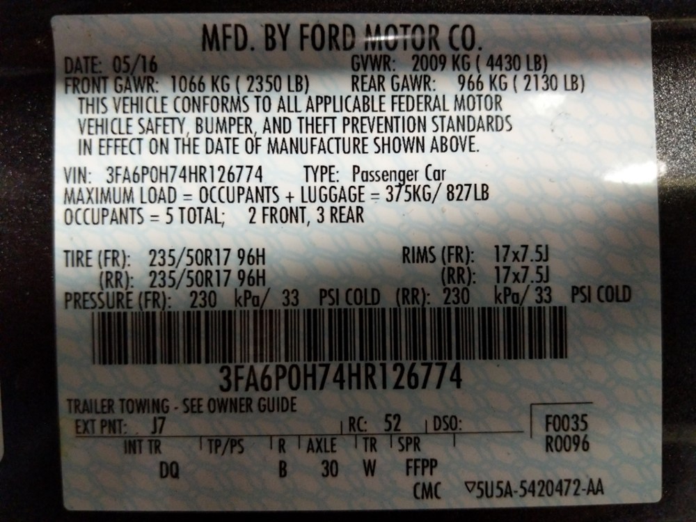 2017 Ford Fusion - VIN Plate
