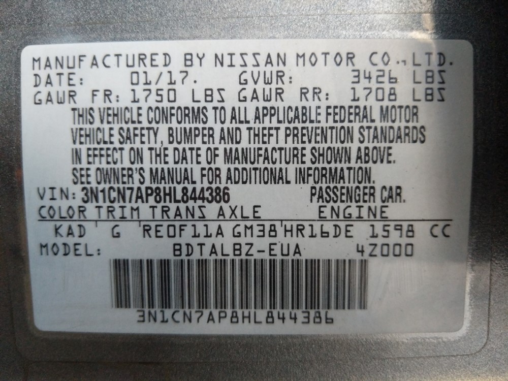 2017 Nissan Versa - VIN Plate
