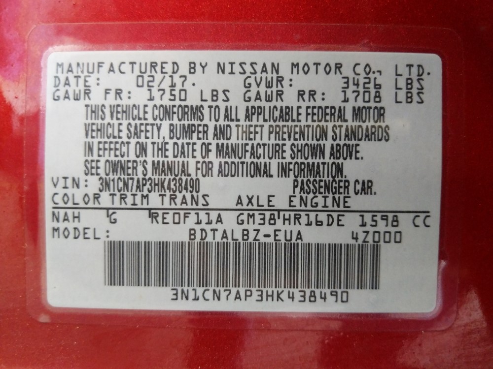 2017 Nissan Versa - VIN Plate