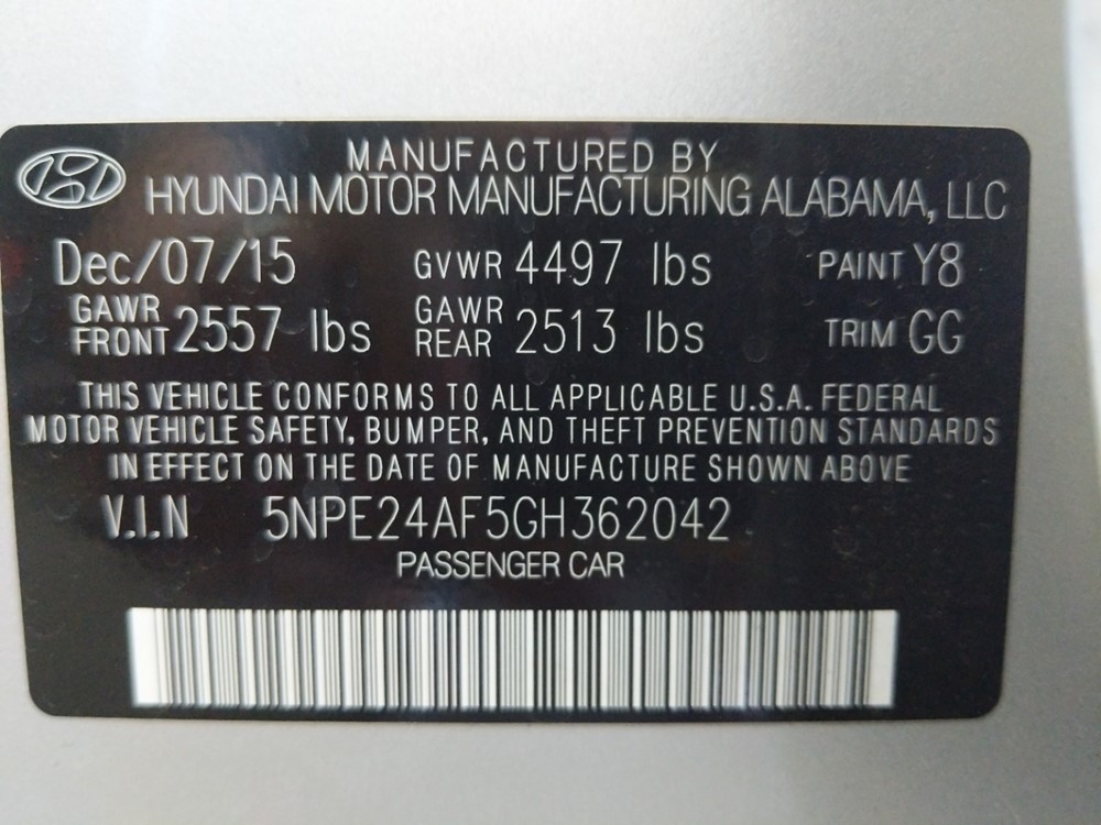 2016 Hyundai Sonata - VIN Plate