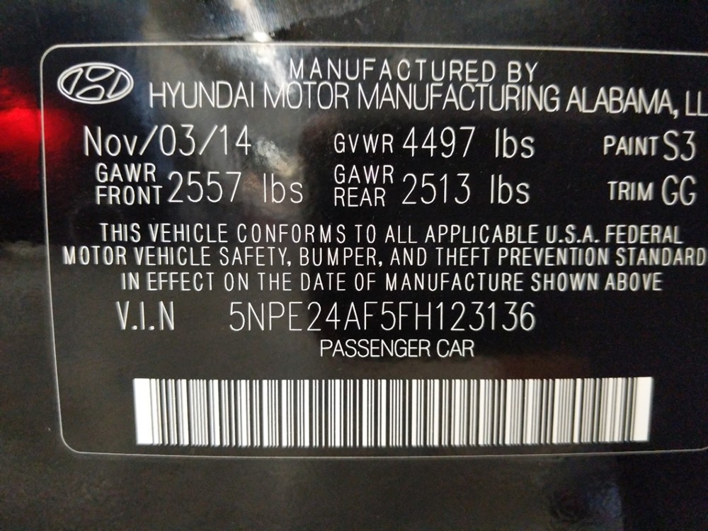 2015 Hyundai Sonata - VIN Plate