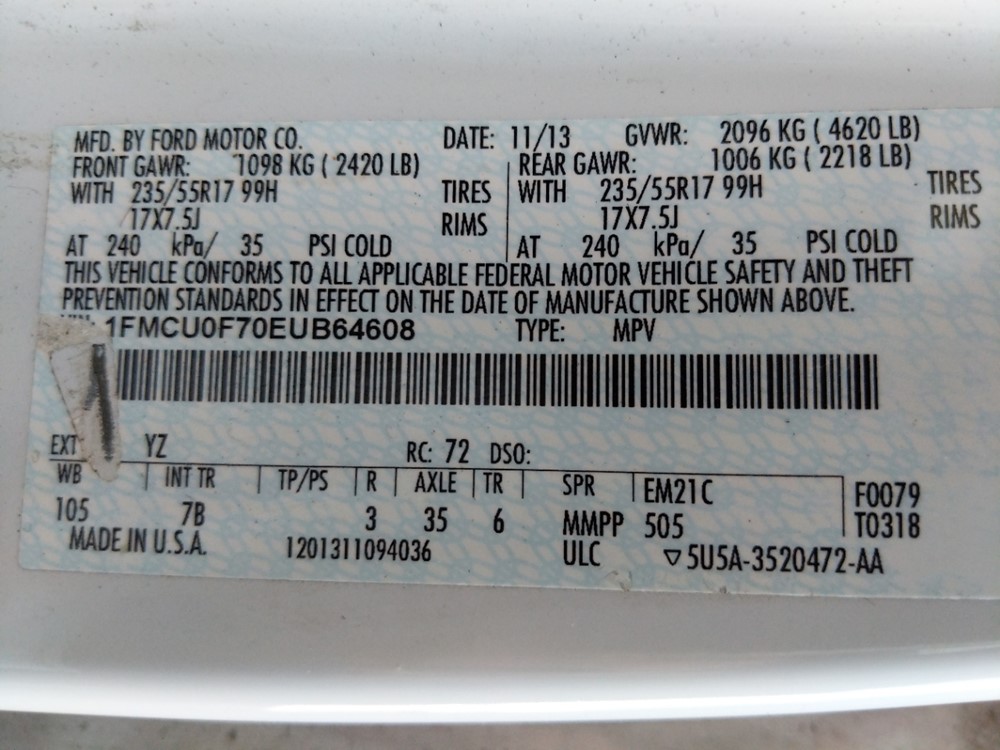 2014 Ford Escape - VIN Plate