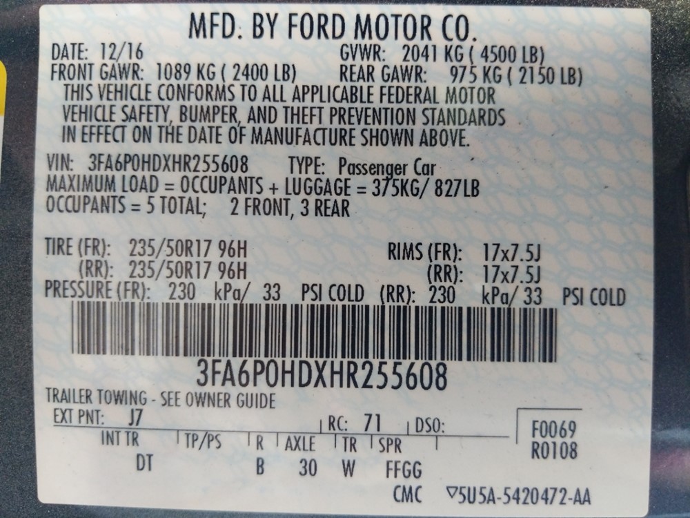 2017 Ford Fusion - VIN Plate