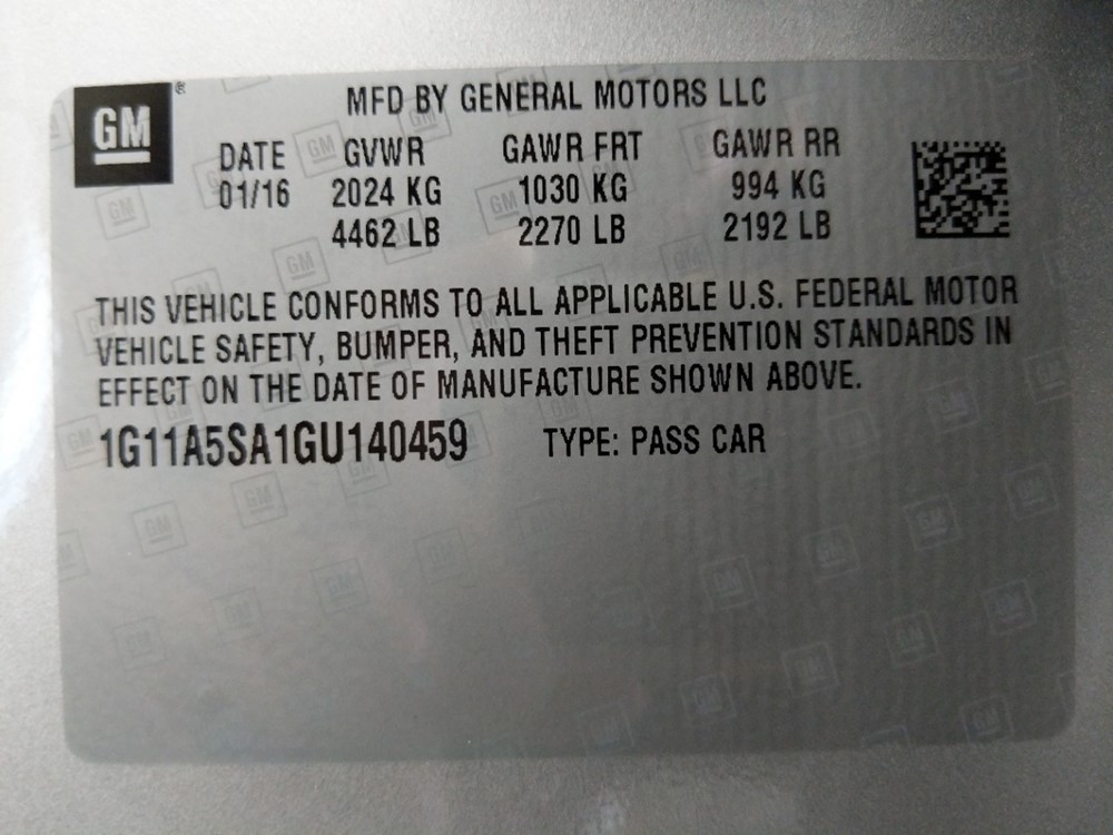 2016 Chevrolet Malibu - VIN Plate