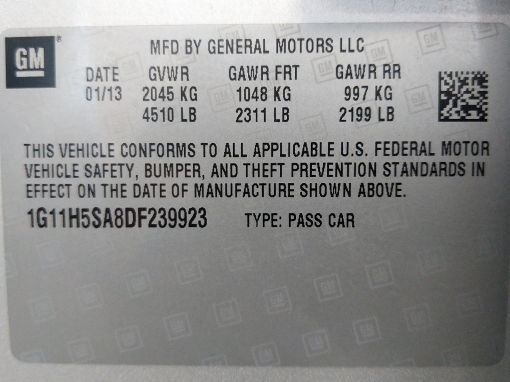 2013 Chevrolet Malibu - VIN Plate