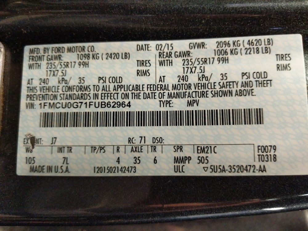 2015 Ford Escape - VIN Plate