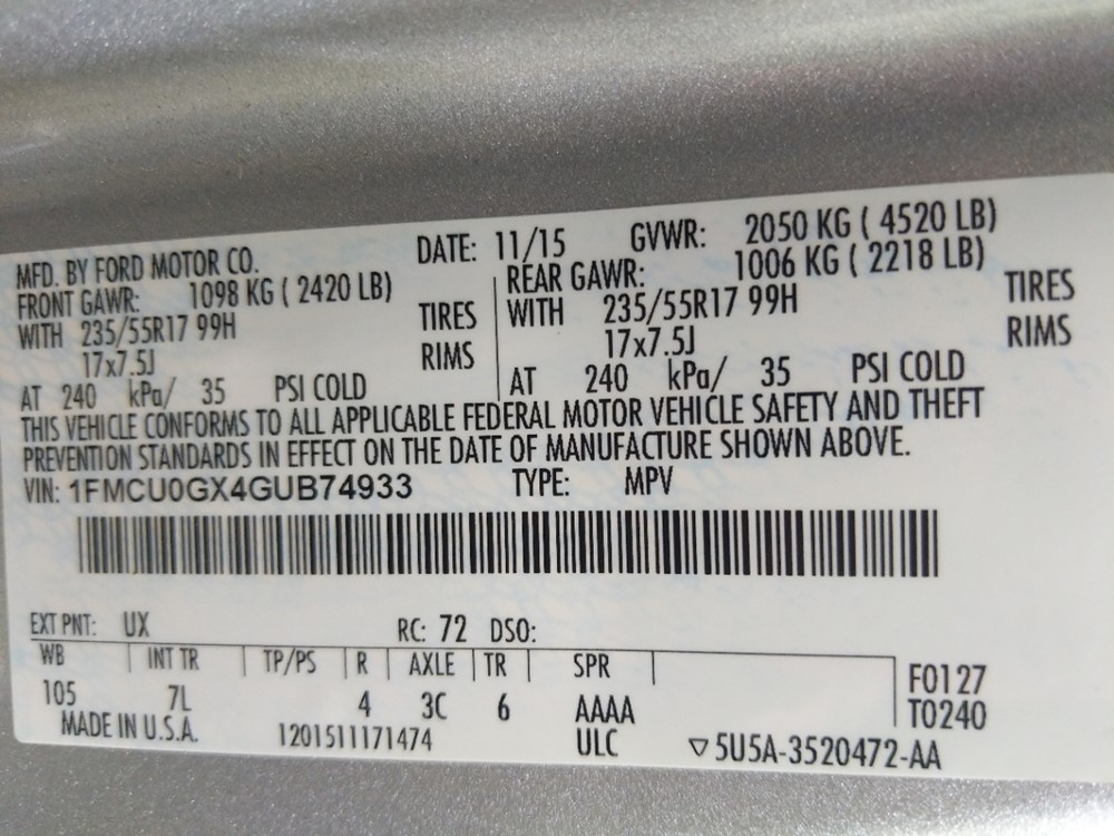 2016 Ford Escape - VIN Plate