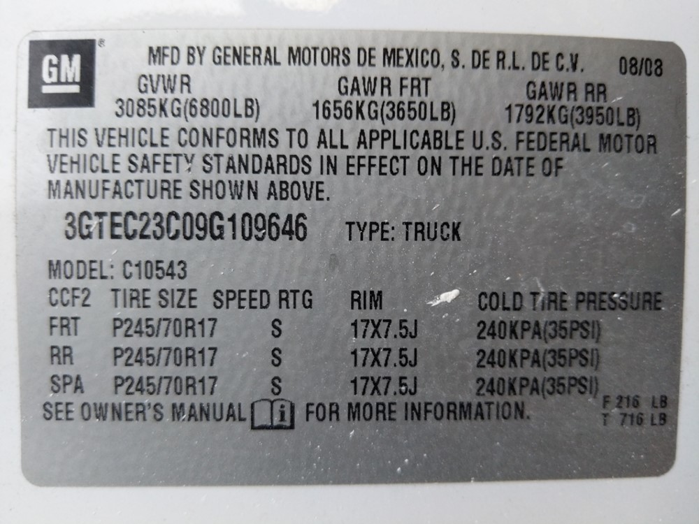 2009 GMC Sierra 1500 - VIN Plate