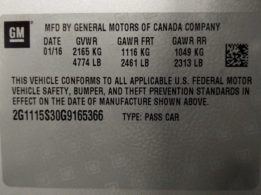 2016 Chevrolet Impala - VIN Plate