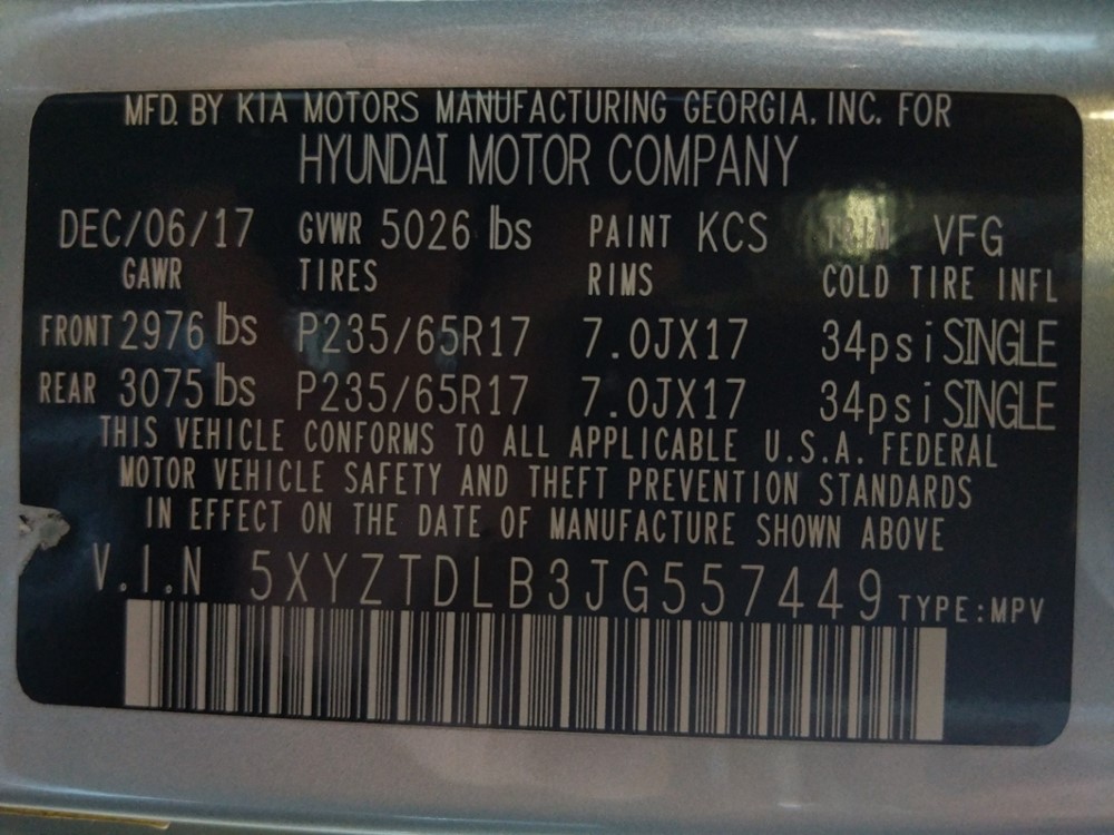 2018 Hyundai Santa Fe - VIN Plate