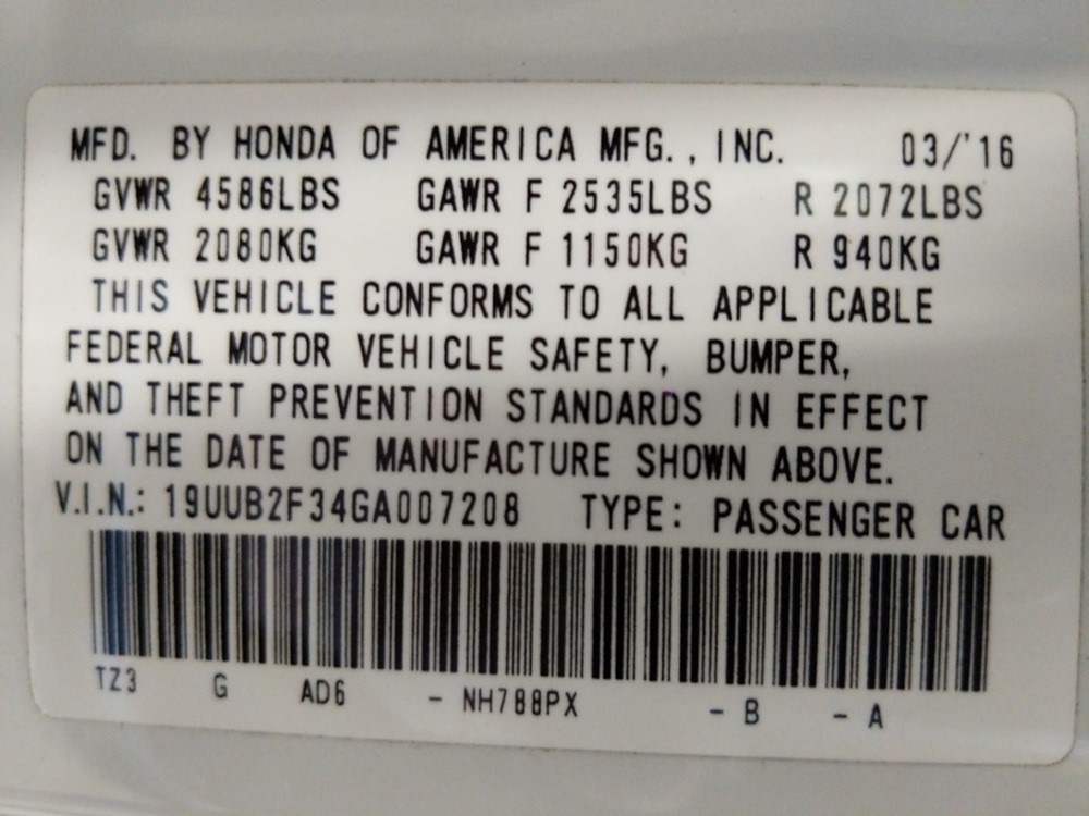 2016 Acura TLX - VIN Plate