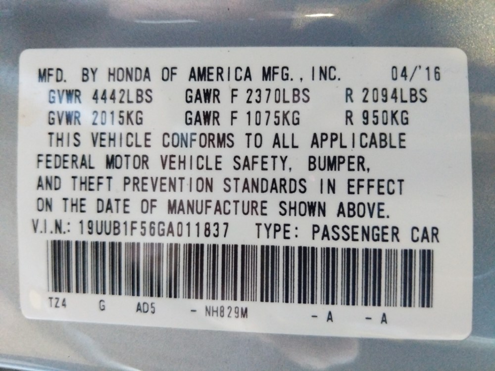 2016 Acura TLX - VIN Plate