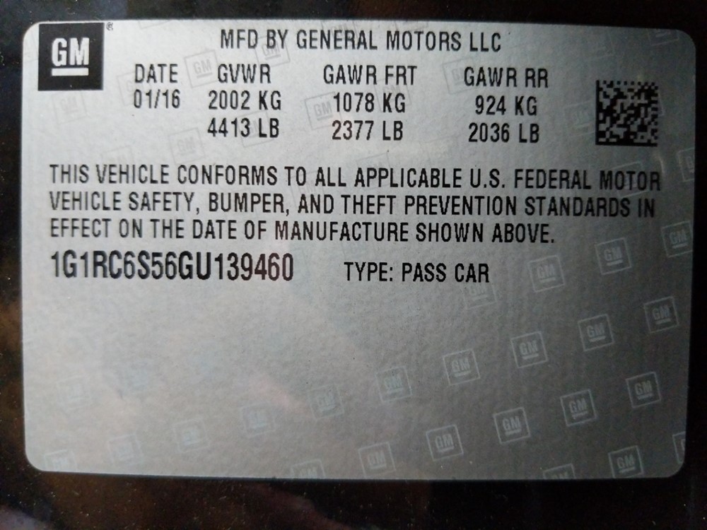 2016 Chevrolet Volt - VIN Plate