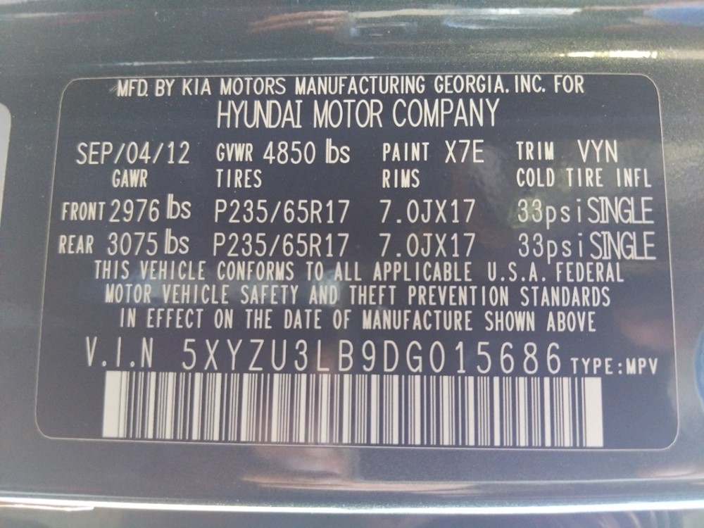 2013 Hyundai Santa Fe - VIN Plate
