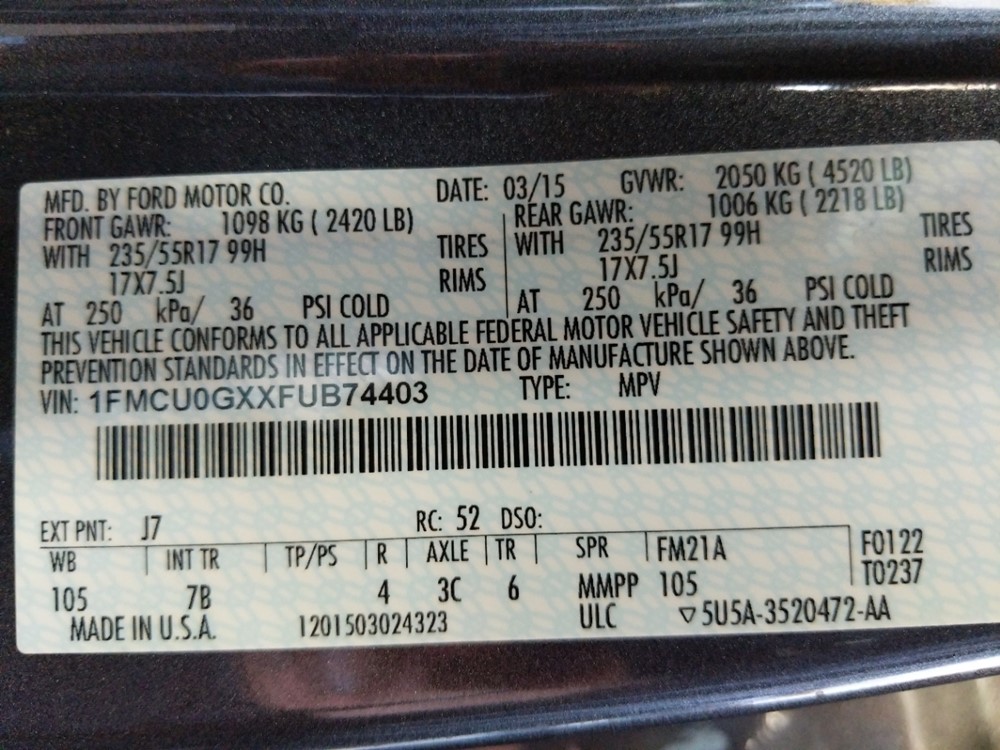 2015 Ford Escape - VIN Plate