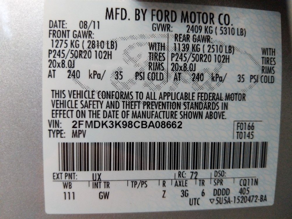2012 Ford Edge - VIN Plate
