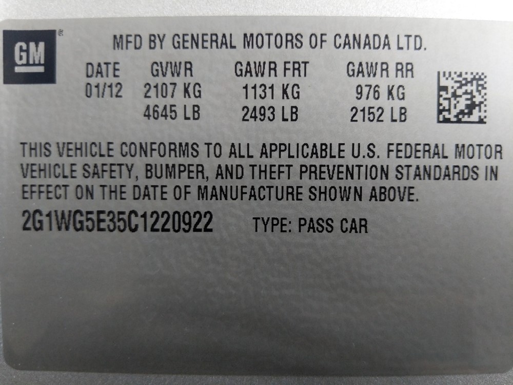 2012 Chevrolet Impala - VIN Plate