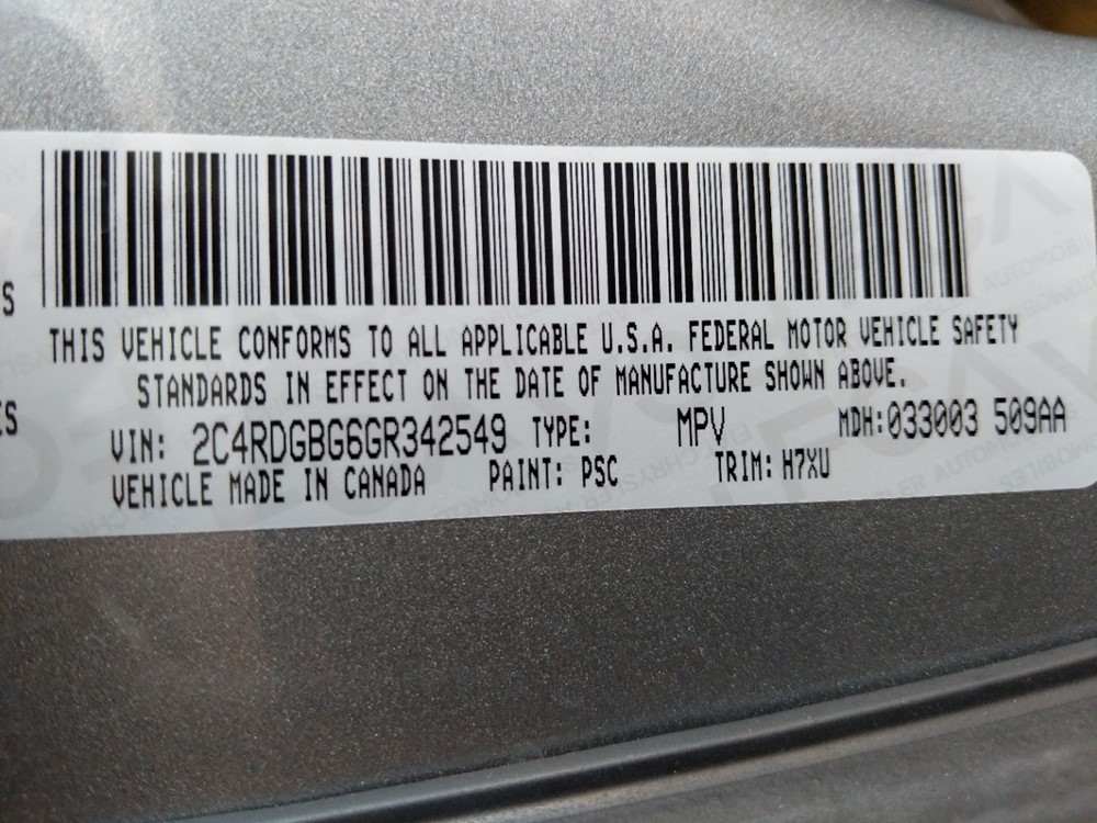 2016 Dodge Grand Caravan - VIN Plate