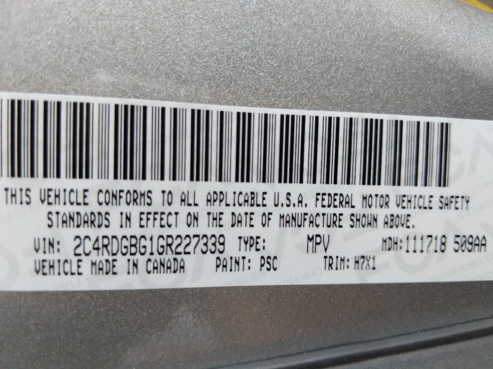 2016 Dodge Grand Caravan - VIN Plate
