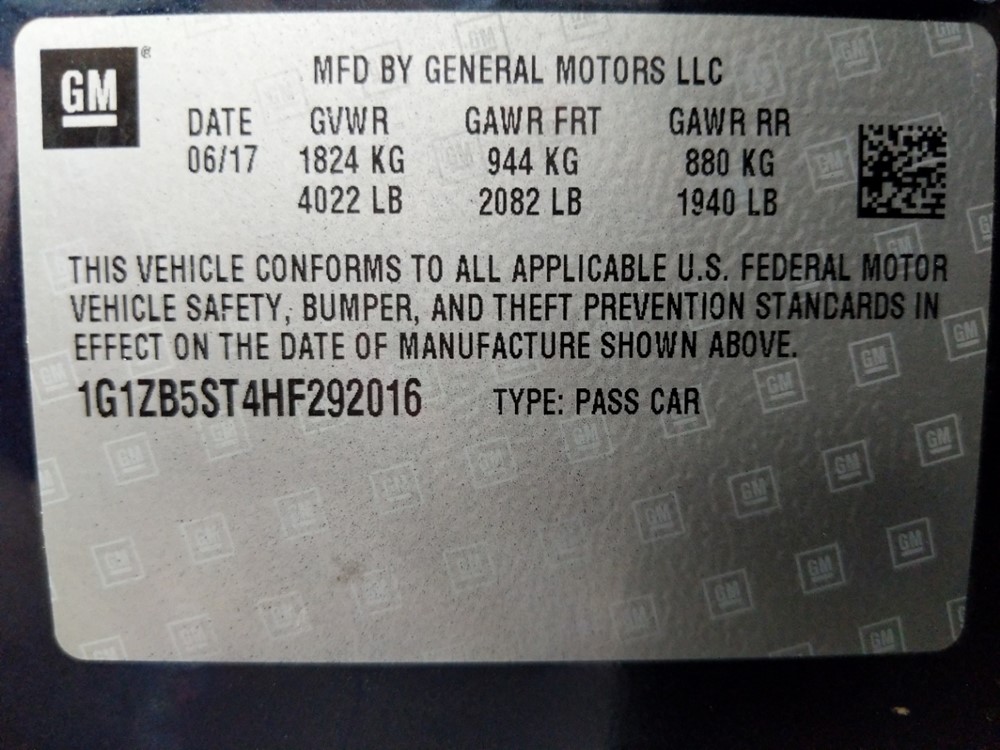 2017 Chevrolet Malibu - VIN Plate