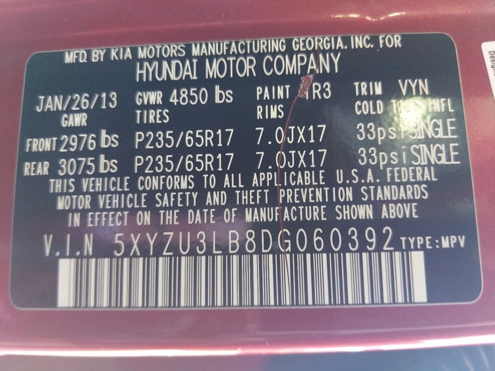2013 Hyundai Santa Fe - VIN Plate