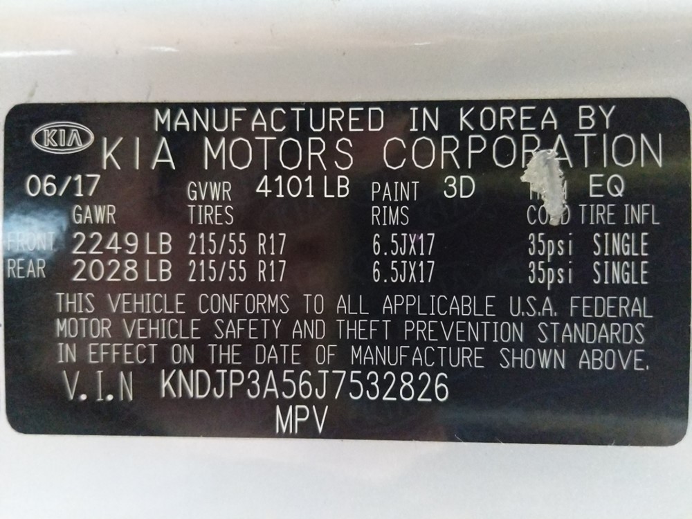 2018 Kia Soul - VIN Plate