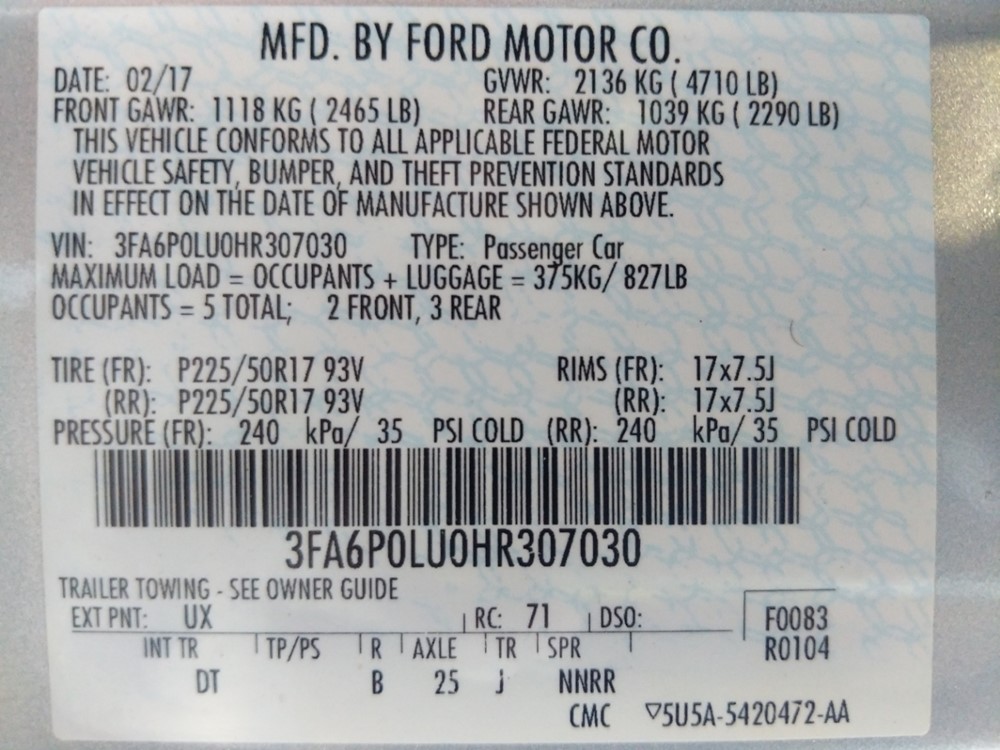 2017 Ford Fusion - VIN Plate