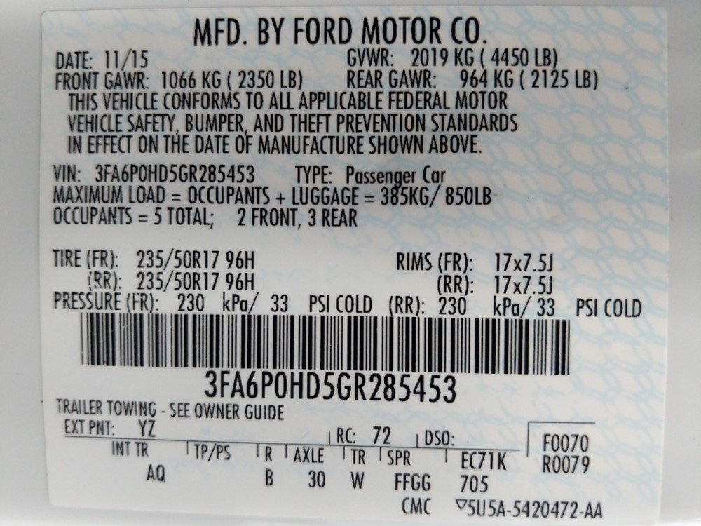 2016 Ford Fusion - VIN Plate