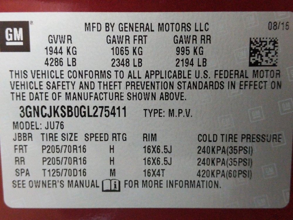 2016 Chevrolet Trax - VIN Plate