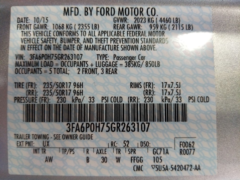 2016 Ford Fusion - VIN Plate