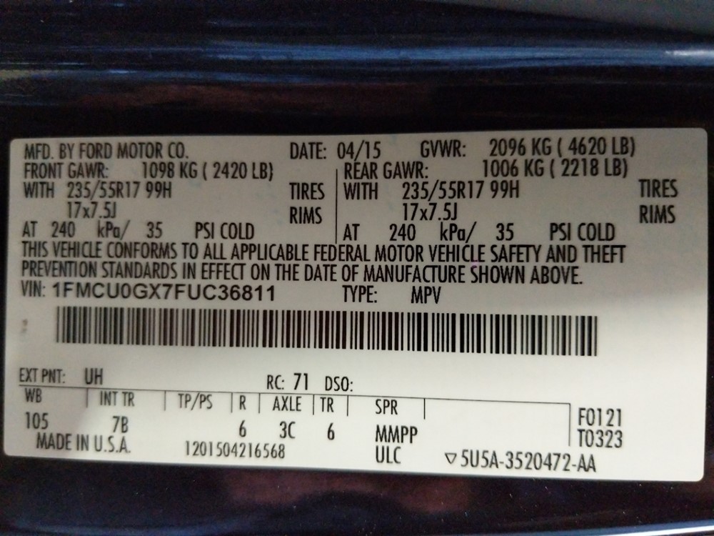 2015 Ford Escape - VIN Plate