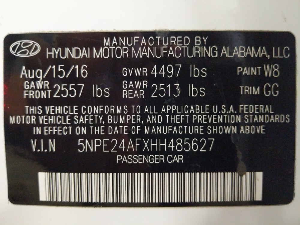 2017 Hyundai Sonata - VIN Plate