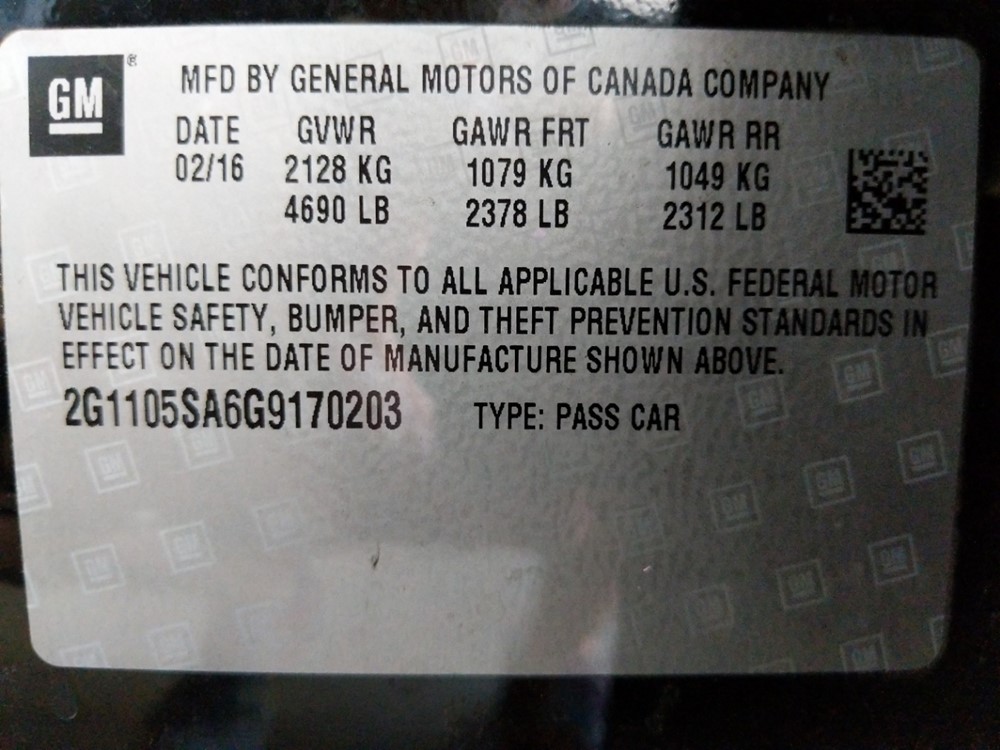 2016 Chevrolet Impala - VIN Plate