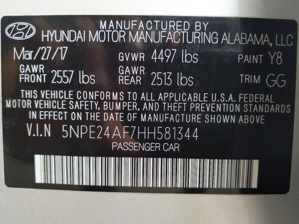 2017 Hyundai Sonata - VIN Plate
