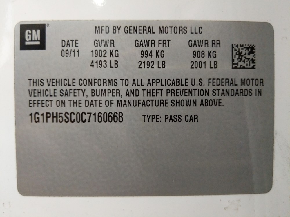 2012 Chevrolet Cruze - VIN Plate
