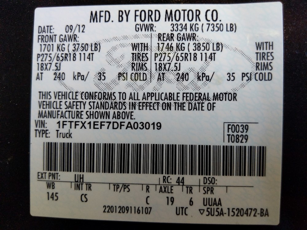 2013 Ford F-150 - VIN Plate