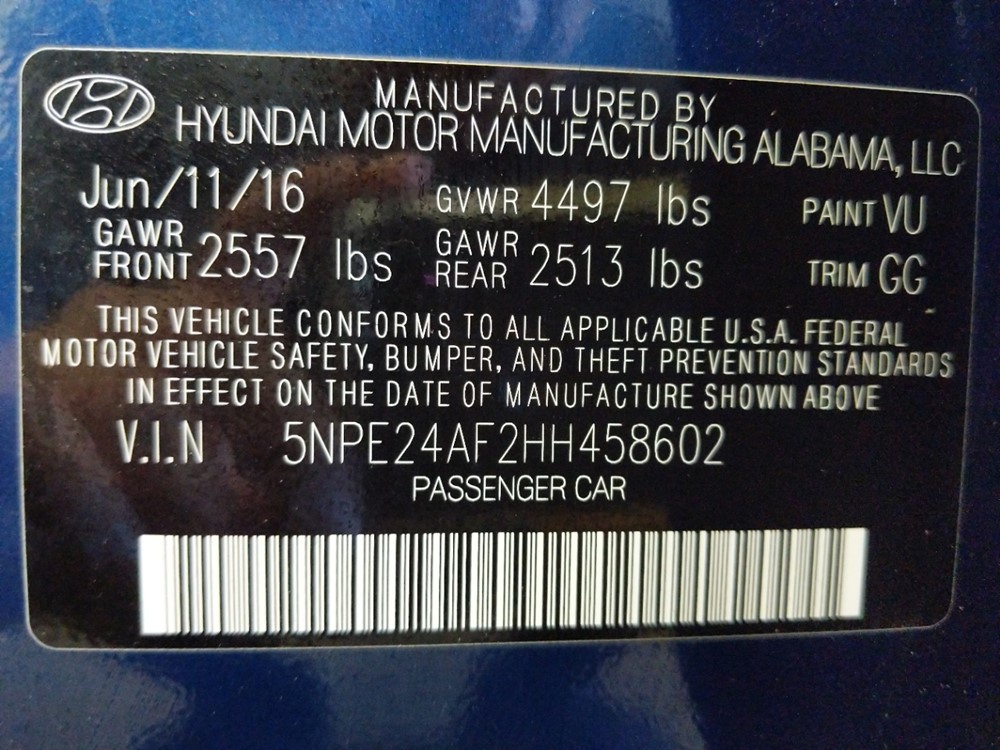 2017 Hyundai Sonata - VIN Plate
