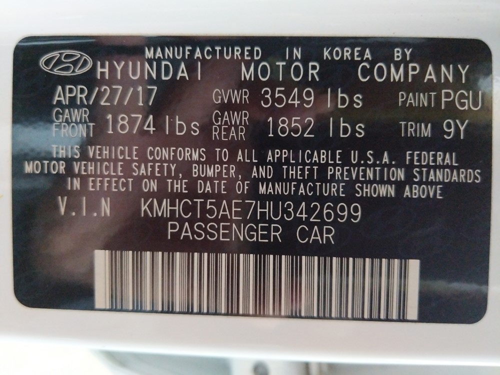2017 Hyundai Accent - VIN Plate