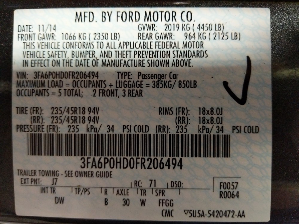 2015 Ford Fusion - VIN Plate