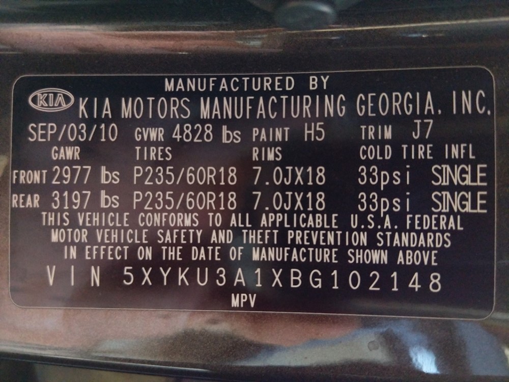 2011 Kia Sorento - VIN Plate