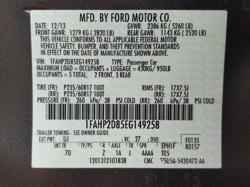2014 Ford Taurus - VIN Plate