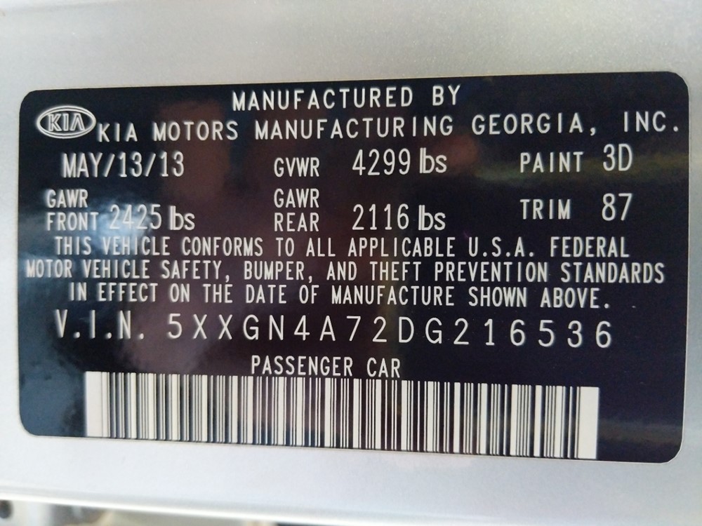 2013 Kia Optima - VIN Plate