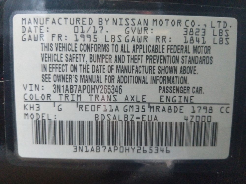 2017 Nissan Sentra - VIN Plate