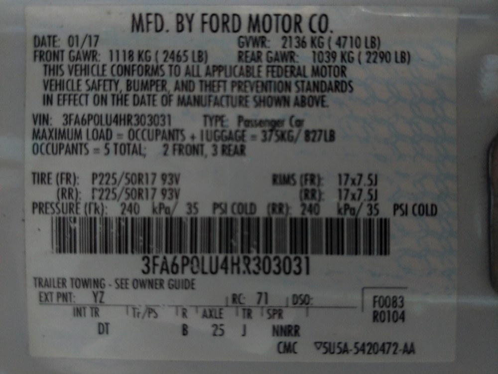 2017 Ford Fusion - VIN Plate