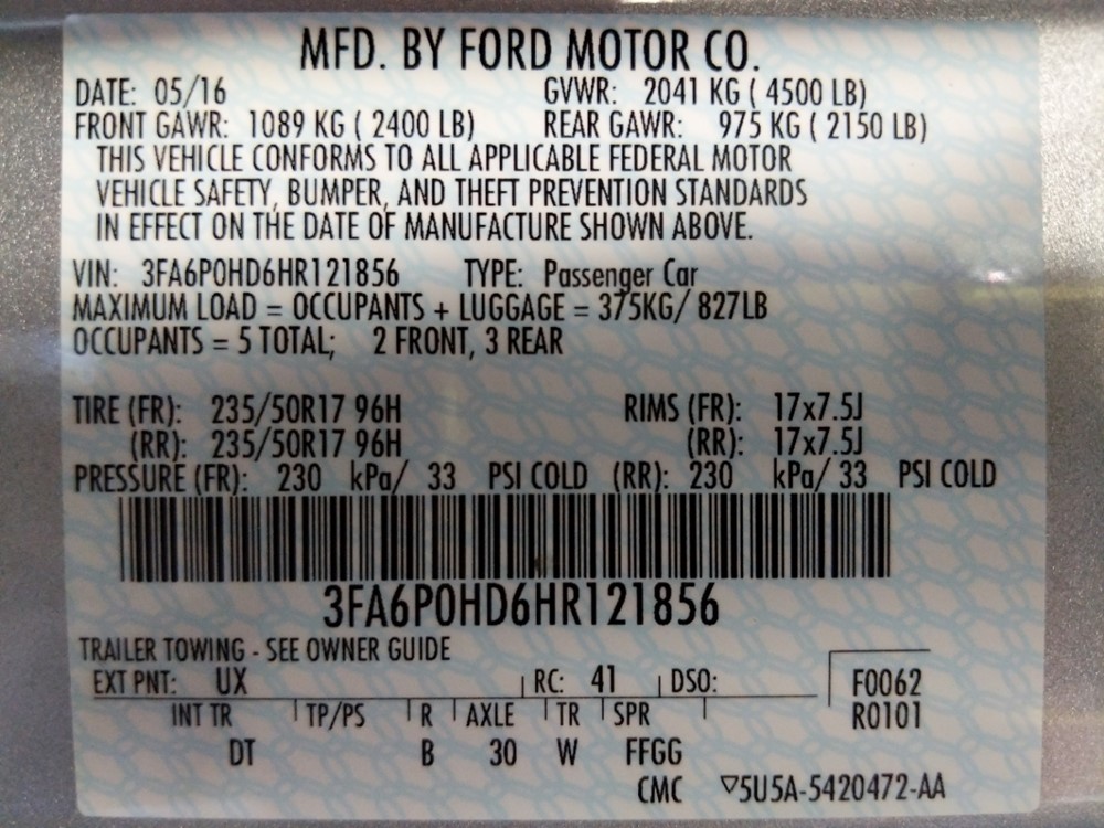 2017 Ford Fusion - VIN Plate