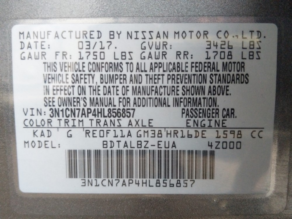 2017 Nissan Versa - VIN Plate