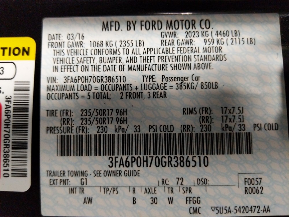 2016 Ford Fusion - VIN Plate